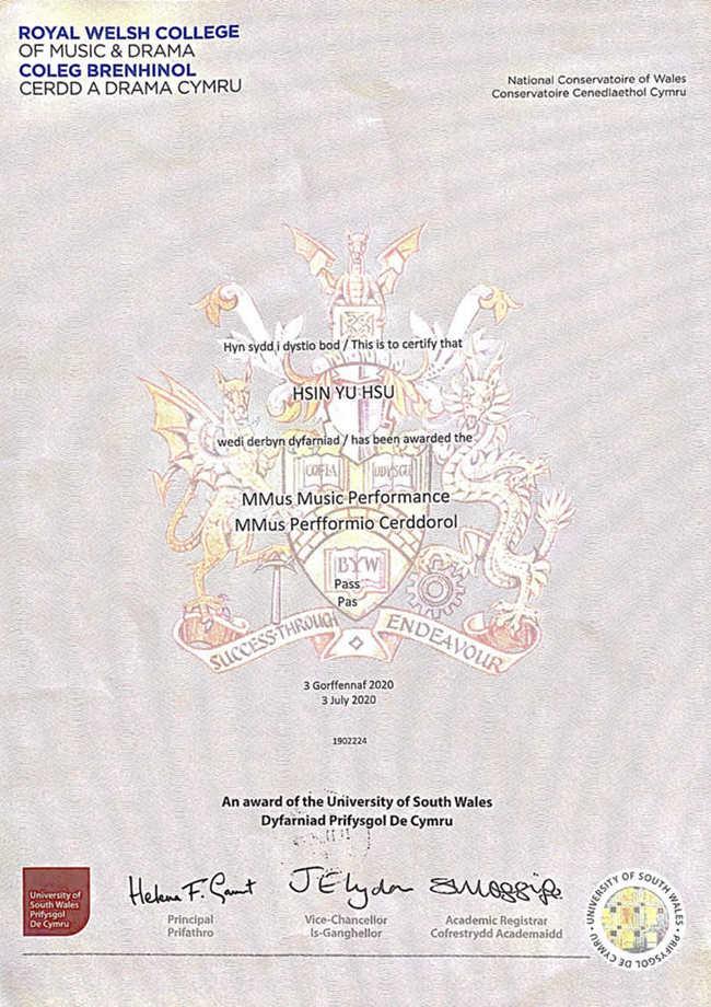 英國皇家威爾士音樂與戲劇學院鋼琴演奏碩士畢業證書